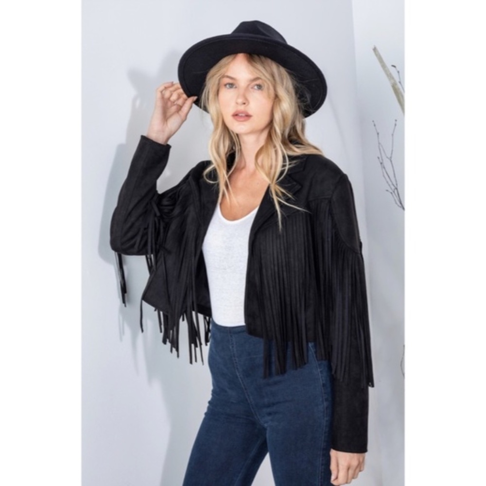 SOLD OUT Black Faux Leather Suede Fringe Cropped Western Boho Moto Jacket - Picture 2 of 8